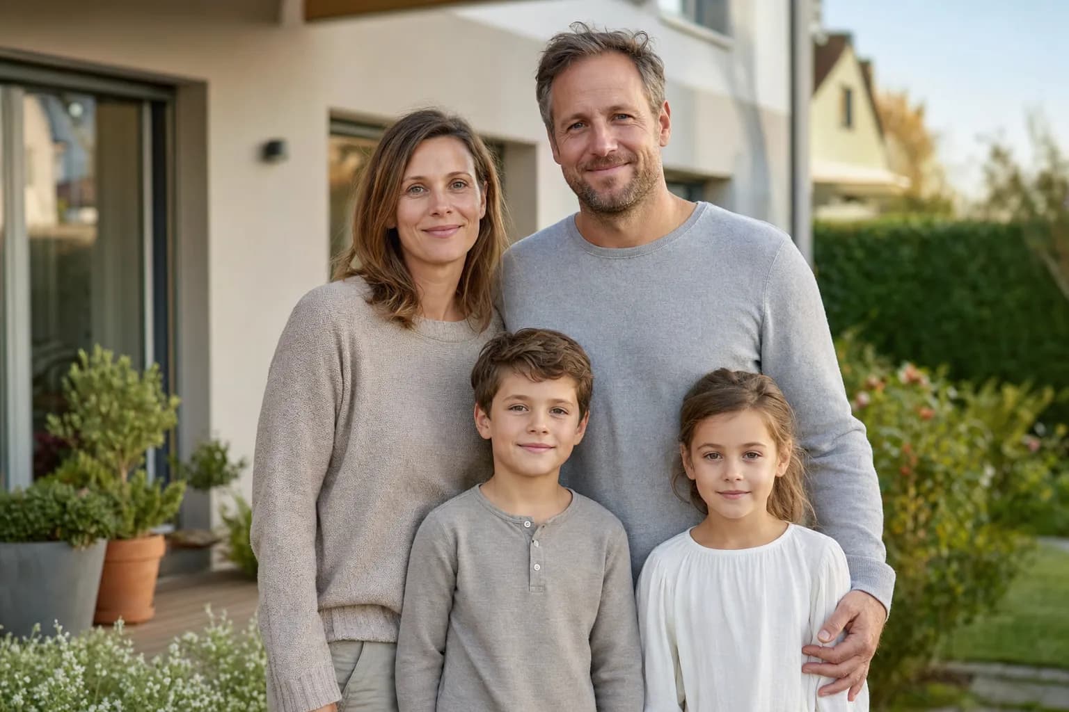 Familie vor ihrem Wohnhaus — Privatkunden im Wohnbereich